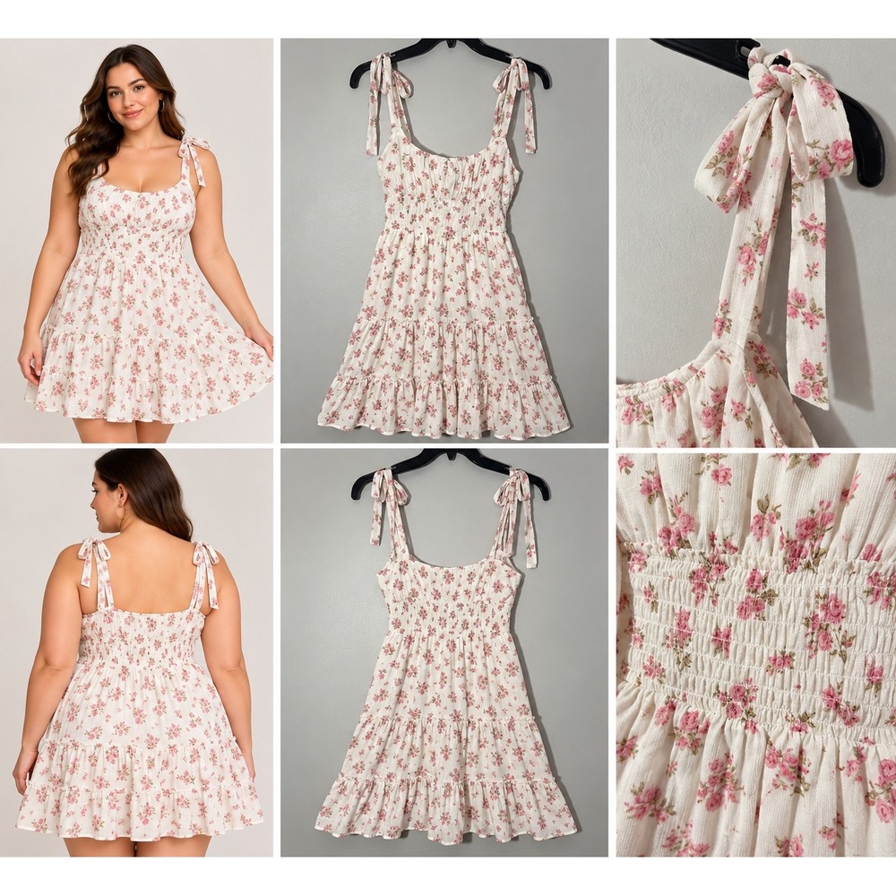Trixxi Dress Women Large White Pink Floral Cottagecore Coquette Tiered Ruffle